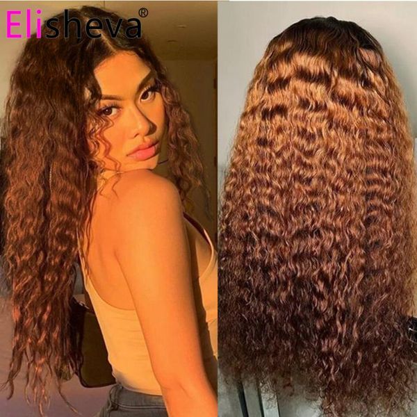 

lace wigs elisheva mongolian kinky curly wig human hair ombre 1b 30 wet and wavy front prepluck 4x4 remy 150%, Black;brown