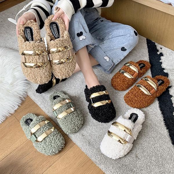 

slippers winter women luxury casual home fur flat round toe metal decoration fluffy furry lining warm shoes ladies, Black