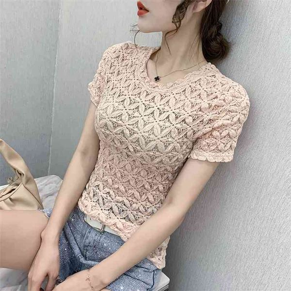 

women lace blouse tshirt summer elegant short sleeve o-neck sleeve 210507, White