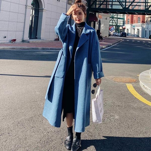 

women's wool & blends 2021 fashion 100% coat women autumn long elegant belt woman winter coats and jackets ladies clothes casaco femini, Black
