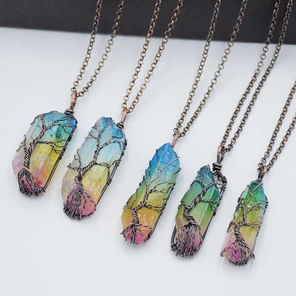 

pendant necklaces 7 chakra crystal natural stone chain antique copper wire tree of life quartz necklace for women men statement jewelry, Silver