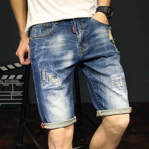 

2021 wholesale summer denim shorts men's ripped hole moustache effect men's breeches loose casual short trousers x0621, Blue
