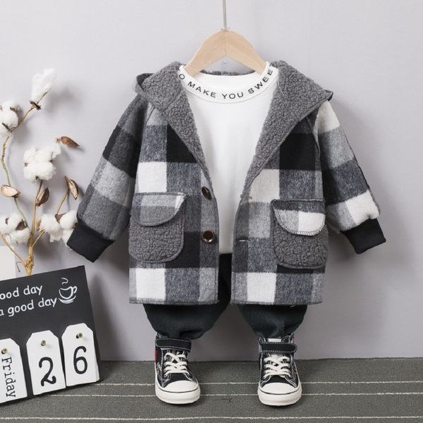 

autumn fashion lattice children outwear wool coat for boys hooded thicken jacket boys windbreaker kids clothes overcoat 2-6t, Blue;gray