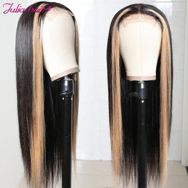 

malaysian highlight tl27 lace t closure human hair wig pre plucked ombre straight julia part closure1, Black;brown