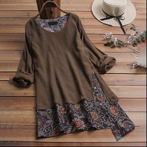 

plus size tunic vintage womens shirts patchwork long sleeve irregular floral print tunics women summer ladies blouses, White