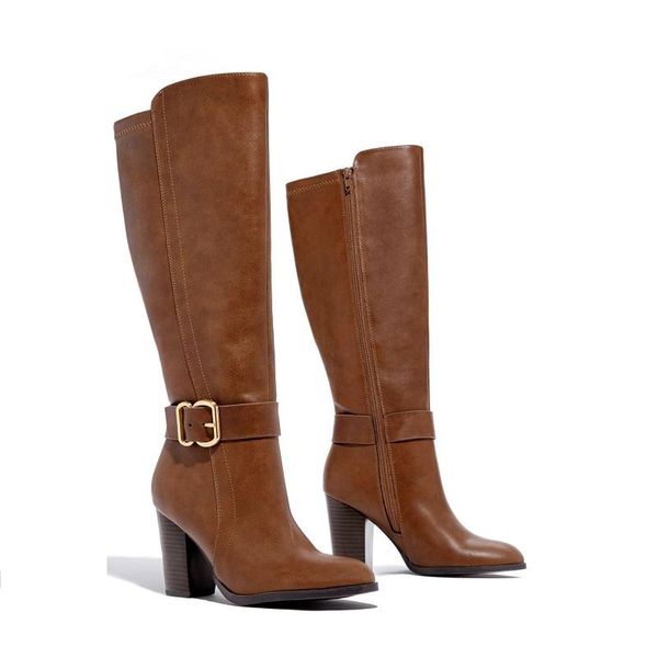 

boots knee high women pu leather heels ladies long autumn winter buckle strap platform vintage female shoes, Black