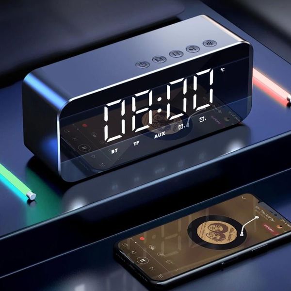Taşınabilir Hoparlörler Mini Kablosuz Bluetooth Hoparlör Küçük Çalar Saat Bas Müzik Fm Radyo TFCard Dijital Saat LED Elektronik Masaüstü