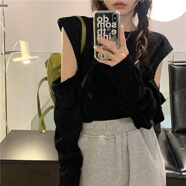 

women's t-shirt real s cost-effective ~ loose versatile cold-shoulder round neck long-sleeve, White
