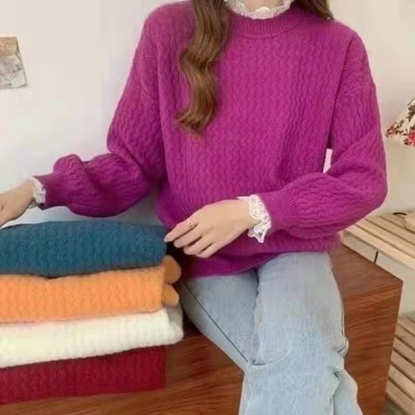 

women's sweaters lace stitching sweater loose outer wear autumn and winter, White;black