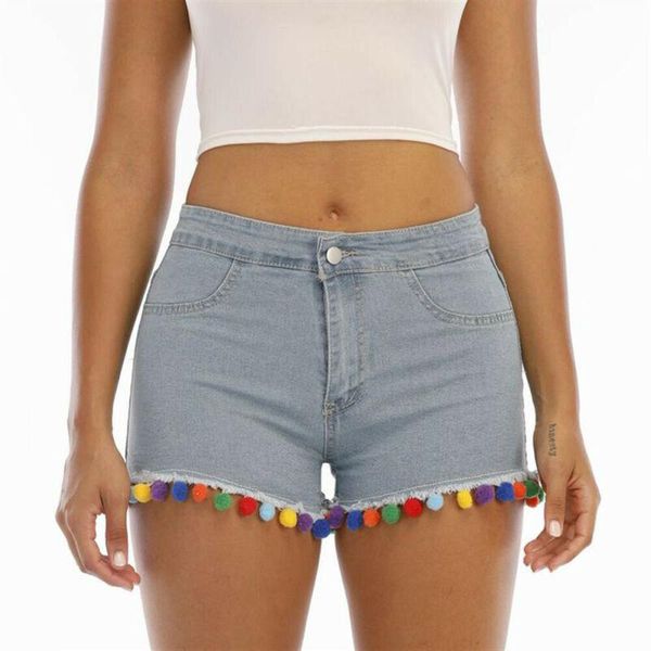 

women's jeans ball tassel women summer fashion solid denim casual short pants holiday trousers bottom, Blue