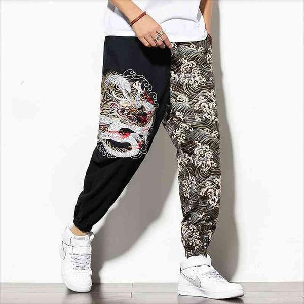 

2573 spring summer hip hop pants mens vintage spliced color streetwear cotton linen harem pants chinese style embroidery dragon, Black