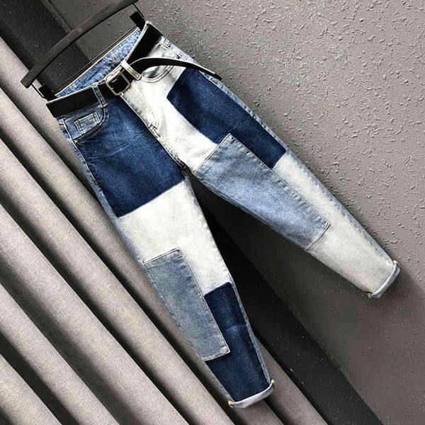 

women's jeans shengpalae personality patch harlan spring high waist loose contrast color denim radish pencil pants 5b93 z670, Blue