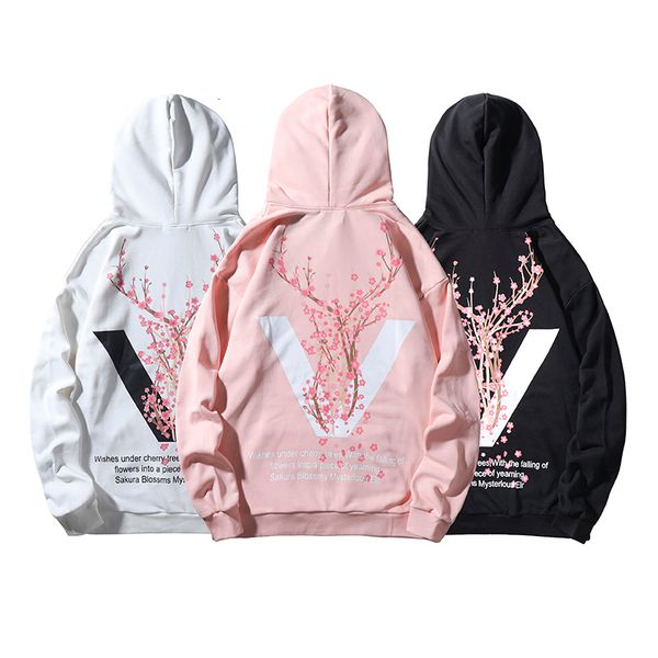 

mens autumn winter new sakura flower print hoodie oversized cotton hip hop leisure harajuku sweatshirt male long sleeve, Black
