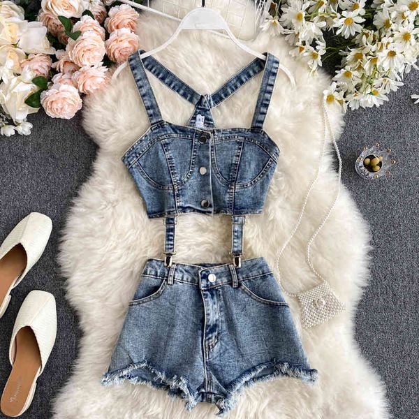 

[ewq] summer new sweet fashion sleeveless strapless tank denim ripped shorts two piece set women outfits qv24905 210423, White