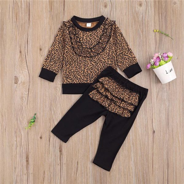 

clothing sets 0-18m toddler girls set kids ruffled crew neck shirt elastic waistband leopard lace trousers for infant clothes, White