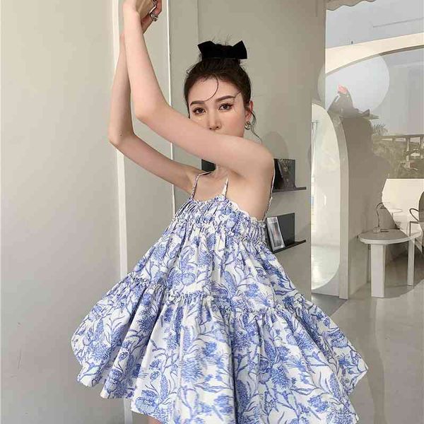 

casual dresses metal strap backless floral spaghetti puffy porcelain ruched mini blue babydoll designer sundress lbws, Black;gray