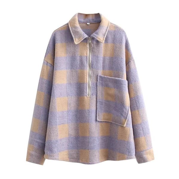 

women's jackets dylqfs 2021 autumn women purple plaid elegant zipper vintage lapel fashion long sleeve loose jacket female streetwear c, Black;brown