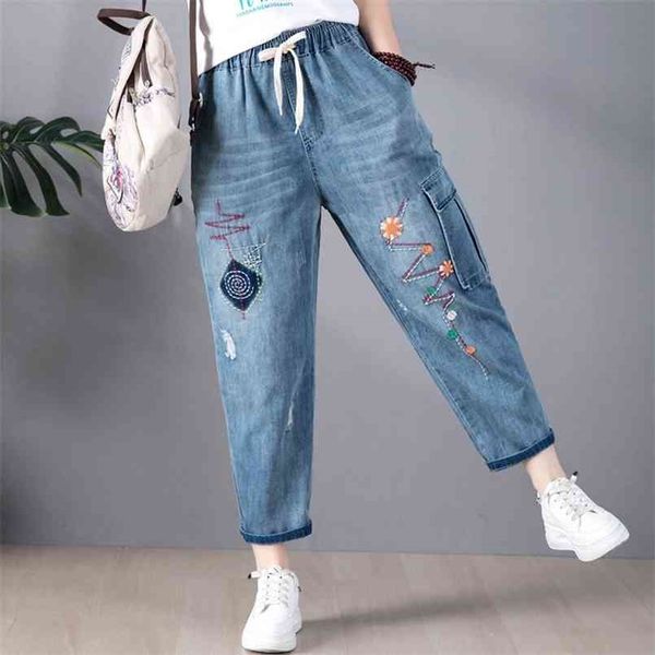 9265 Primavera verão moda mulheres bordados arranhões de comprimento do tornozelo jeans escritório senhora elástico cintura azul casual harem denim calças 210809