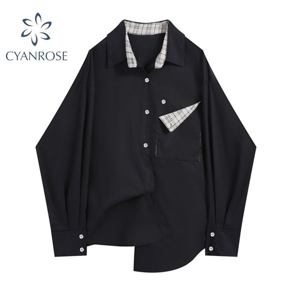 

boyfriend black cardigan blouses or oversized streetwear chic pocket shirt ulzzang long sleeve harajuku tide blusas 210430, White