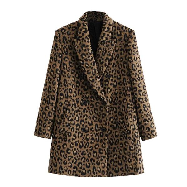 

women's wool & blends women 2021 fashion leopard print loose woolen coat vintage long sleeve back vents female outerwear chic overcoat, Black