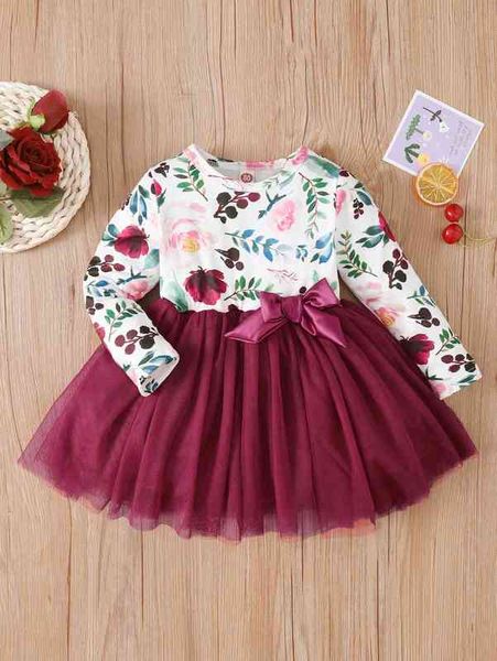

baby floral print contrast mesh bow front dress she, Red;yellow