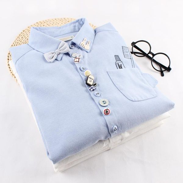 

preppy style womens shirts cotton cartoon blouse mori girl white and light blue cute japanese autumn winter patches
