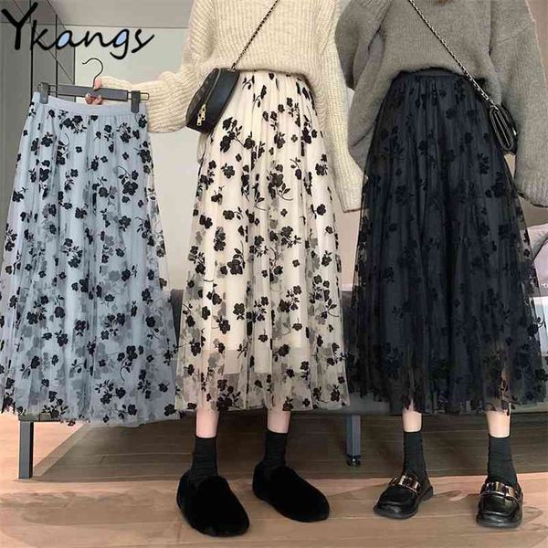 

flocking flower high waist skirt fashion woman midi long pleated korean vintage winter autumn black mesh tulle 210421