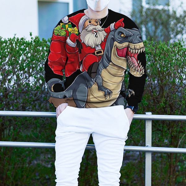 

men's christmas 3d printing long sleeve hoodless sweater fierce dinosaur santa pattern costume, White;black