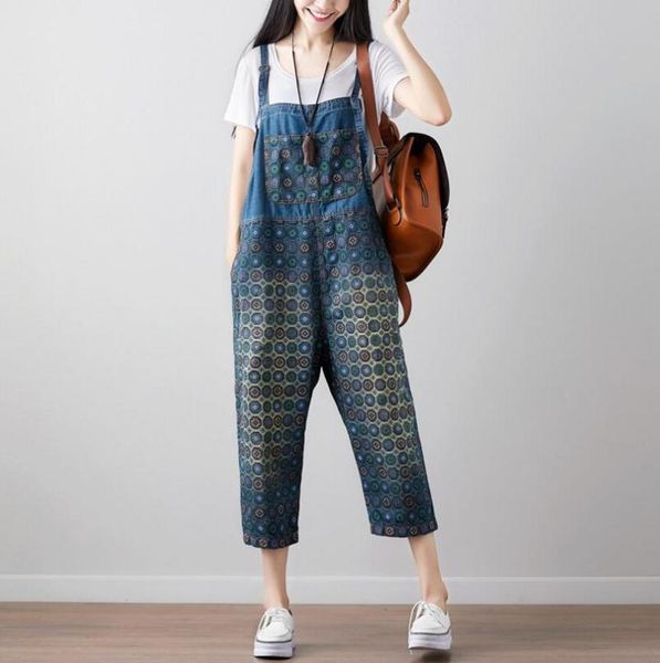 

women's jumpsuits & rompers women autumn vintage denim printed overalls ladies loose casual print female pants p514, Black;white