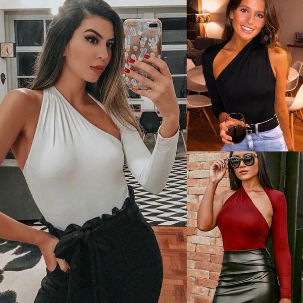 

women skinny bodycon jumpsuit romper lot ladies long sleeve one shoulder bodysuit female leotard ropa mujer women's jumpsuits & rom, Black;white