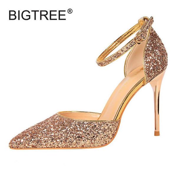 

luxury glitter sandals ankle strap women pumps 2021 summer style thin high heels wedding shoes ladies evening party dress, Black