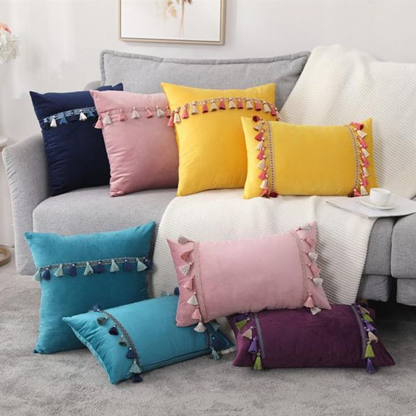 

cushion/decorative pillow nordic cushion covers for sofa velvet cover tassels pink green yellow purple throw pillowcases home decor