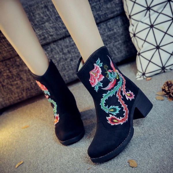 

boots qpfjqd vintage flower embroidery women ankle autumn winter thick bottom ladies black casual soft flock shoes1