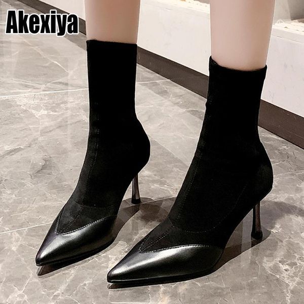 

boots fashion suede stretch socks women shoes slip ankle spring winter elegant stiletto female p459, Black