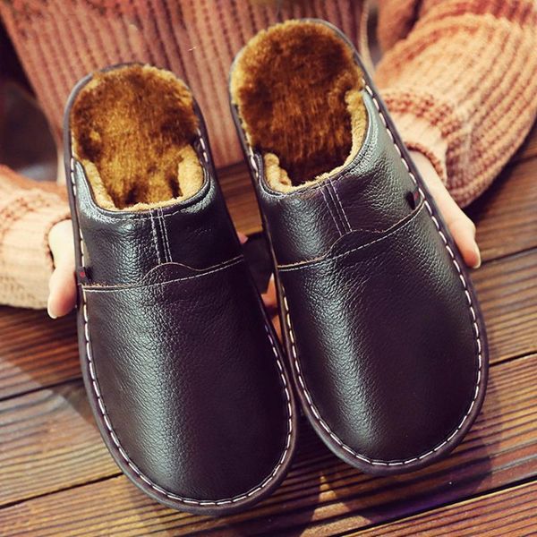 

slippers sandalias leather home indoor for men women solid winter warm plush bedroom genuine house shoes, Black