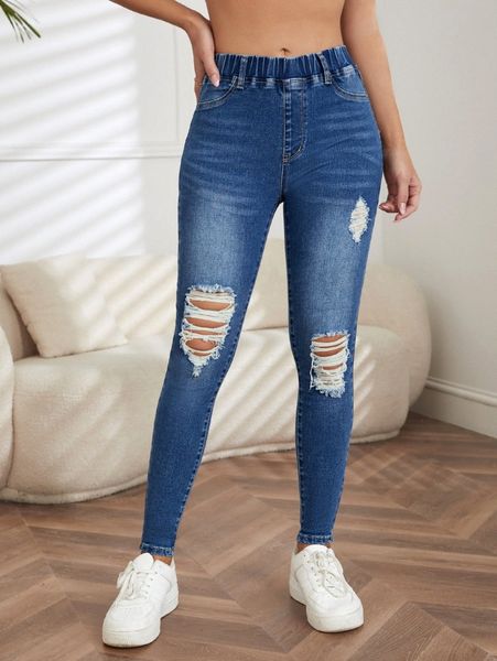

elastic waist ripped skinny jeans 858a#, Blue