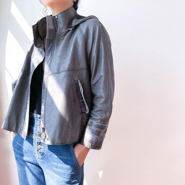 

women's leather & faux 2021 real jacket clothes sheepskin genuine coat hooded vintage coats and jackets women jx-6067 kj5902, Black