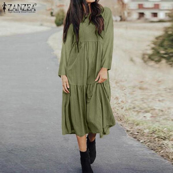 

casual dresses zanzea vintage autumn long sleeve ruffles sundress femme robe holiday party mid-calf vestidos women solid cotton dress, Black;gray