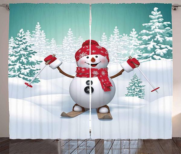 

curtain & drapes christmas curtains snow covered mountain with fir trees and skiing snowman fun holiday activity living room bedroom window