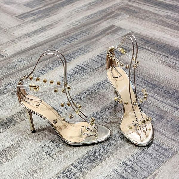 

rivet concise woman sandals round toe strappy female shoes clear strap crystal decor summer dress quality, Black