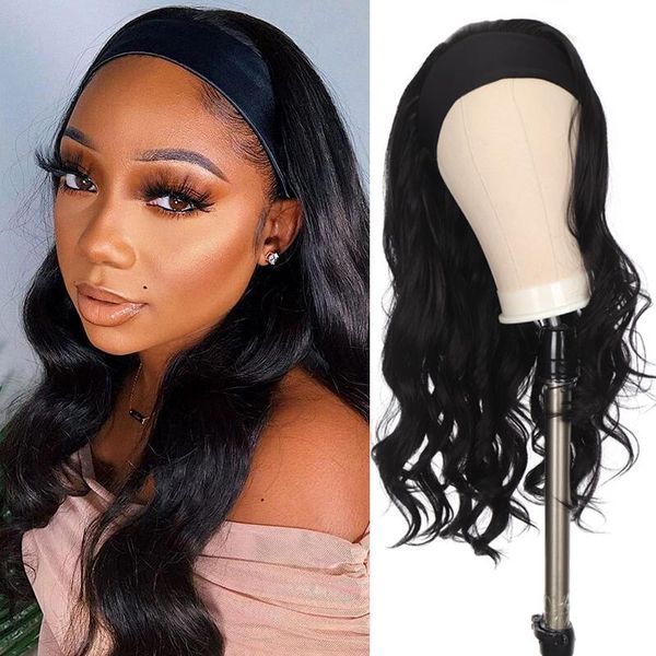 

long wavy synthetic headband wig for black women wave headwraps hair heat resistant straight wigs