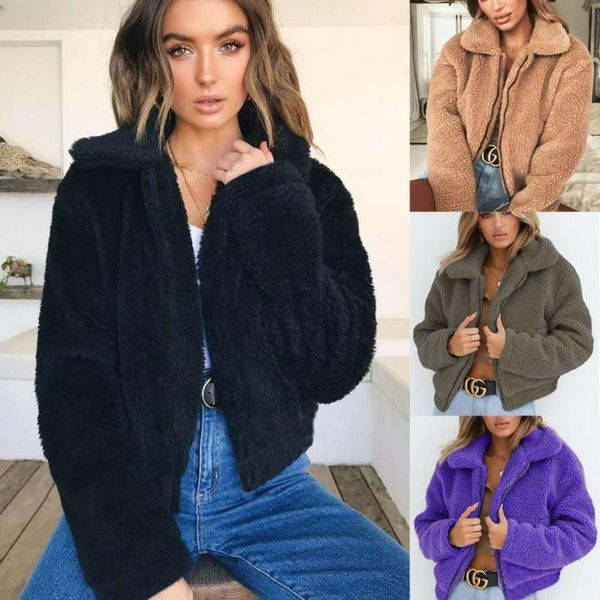 

women's fur & faux short jacket imitation lamb wool coat warm lapel soft plush rainbow woman, Black