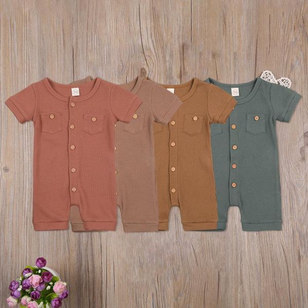 

jumpsuits baby boy girls cotton romper one-piece outfits solid color short sleeve round neck button jumpsuit born pocket playsuit, Blue