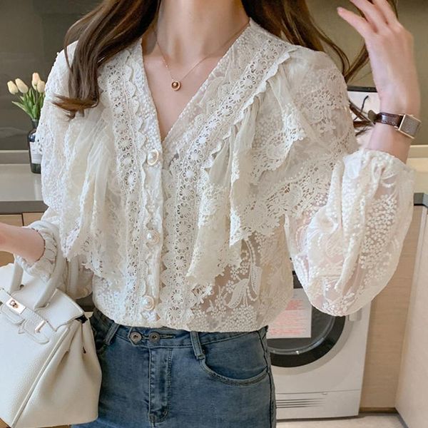 

women's blouses & shirts 2021 lace ruffled patchwork blouse women spring v-neck sweet buttons solid ladies long sleeve flower hollow sh, White