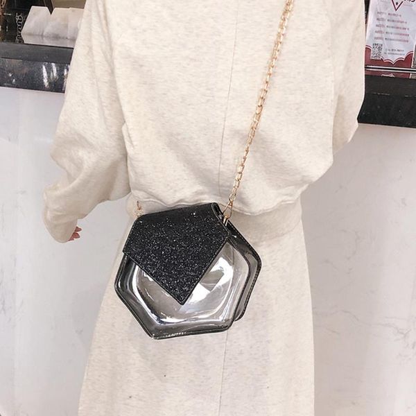 

fashion transparent sequins hexagon handbags girls casual chain messenger crossbody shoulder bag(black) gift wrap