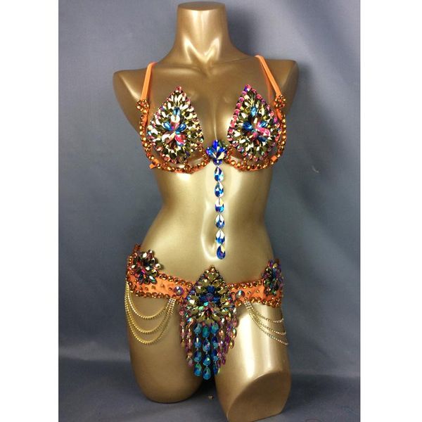 

stage wear samba carnival wire bra & belt rainbow stones c014, Black;red