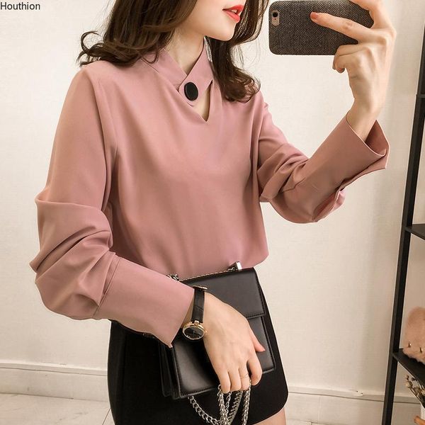 

women's blouses & shirts houthion solid chiffon summer fashion casual korean long sleeve retro blouse breasted woman shirt, White