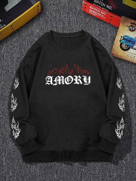 

men letter & fire print pullover a1sl#, Black