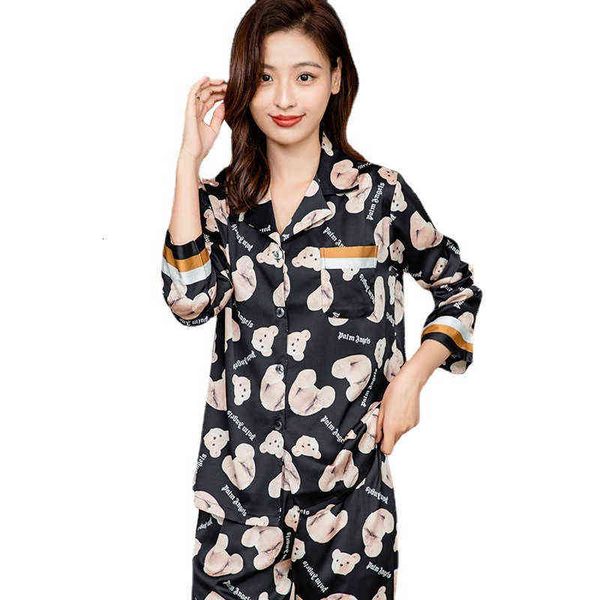 

ice and snow silk thin comfortable loose home clothes bear pattern friendly long sleeve trousers women's suit pajamas, Black