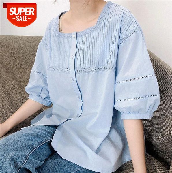 

li zhiqi temperament short-sleeved shirt female korean sweet square collar fold embroidery lace 110636 #kz1i, Black;gray